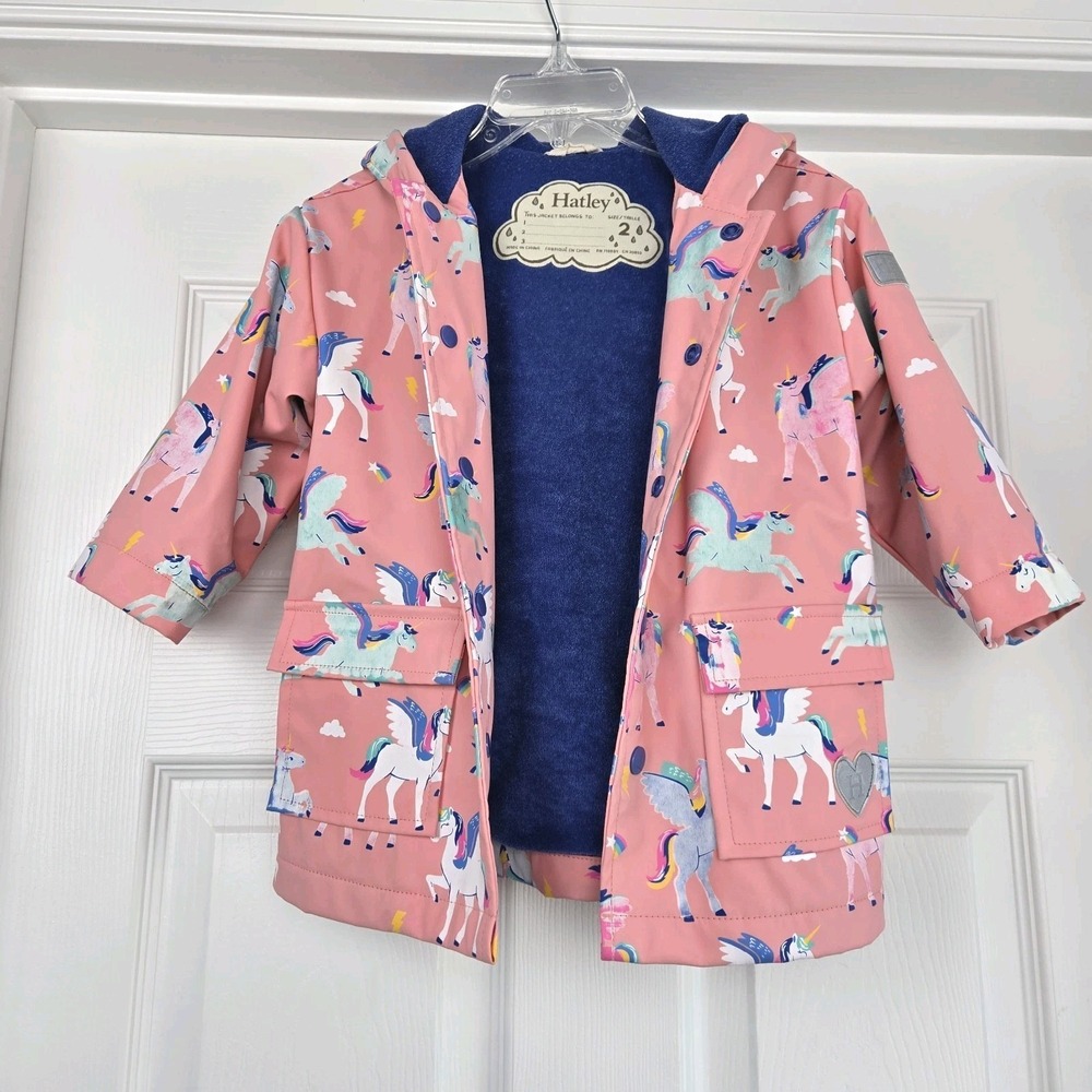 Hatley Girls Pink Unicorn Raincoat with Navy Lining